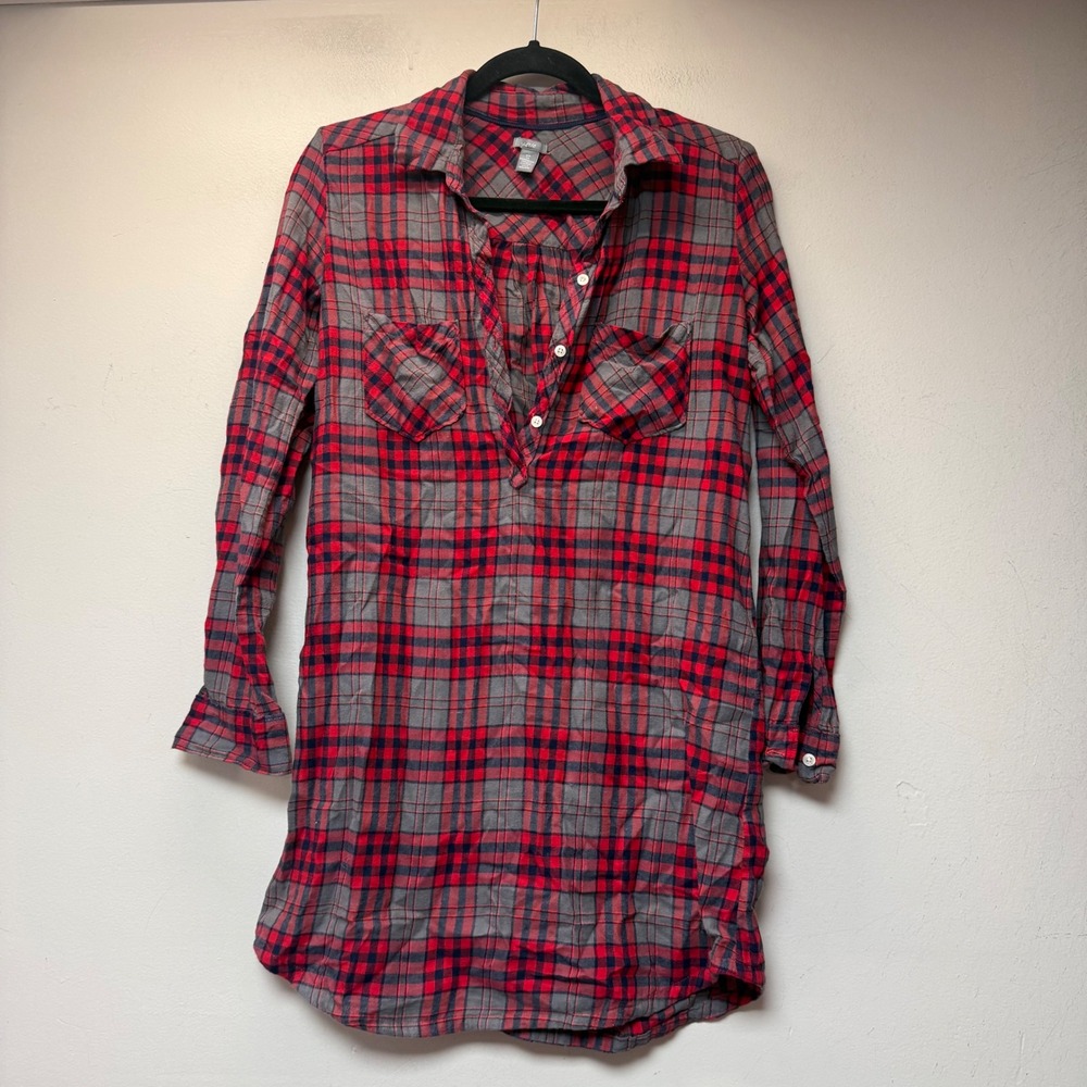 Aerie Plaid Shirt Dress Women Small Red Grey Excellent Cotton Flannel Pockets